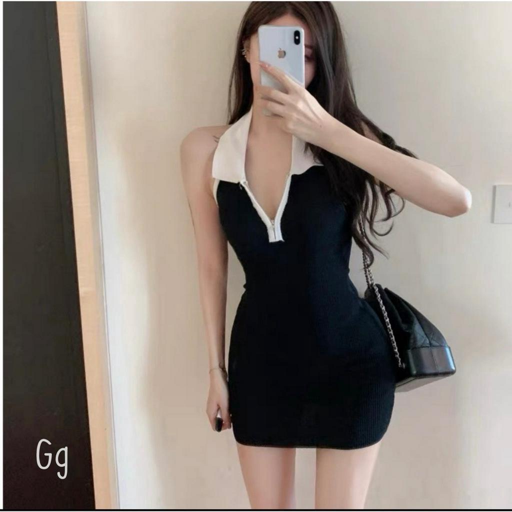 Đầm sát nách cổ bẻ trắng ôm body dáng ngắn hở lưng sexy , chất thun gân mềm mịn
