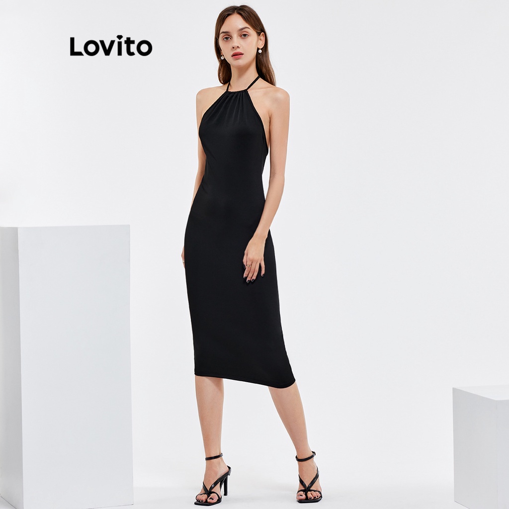 113XJ Đầm Lovito buộc dây đắp chéo mông màu trơn phong cách vintage L25AD145