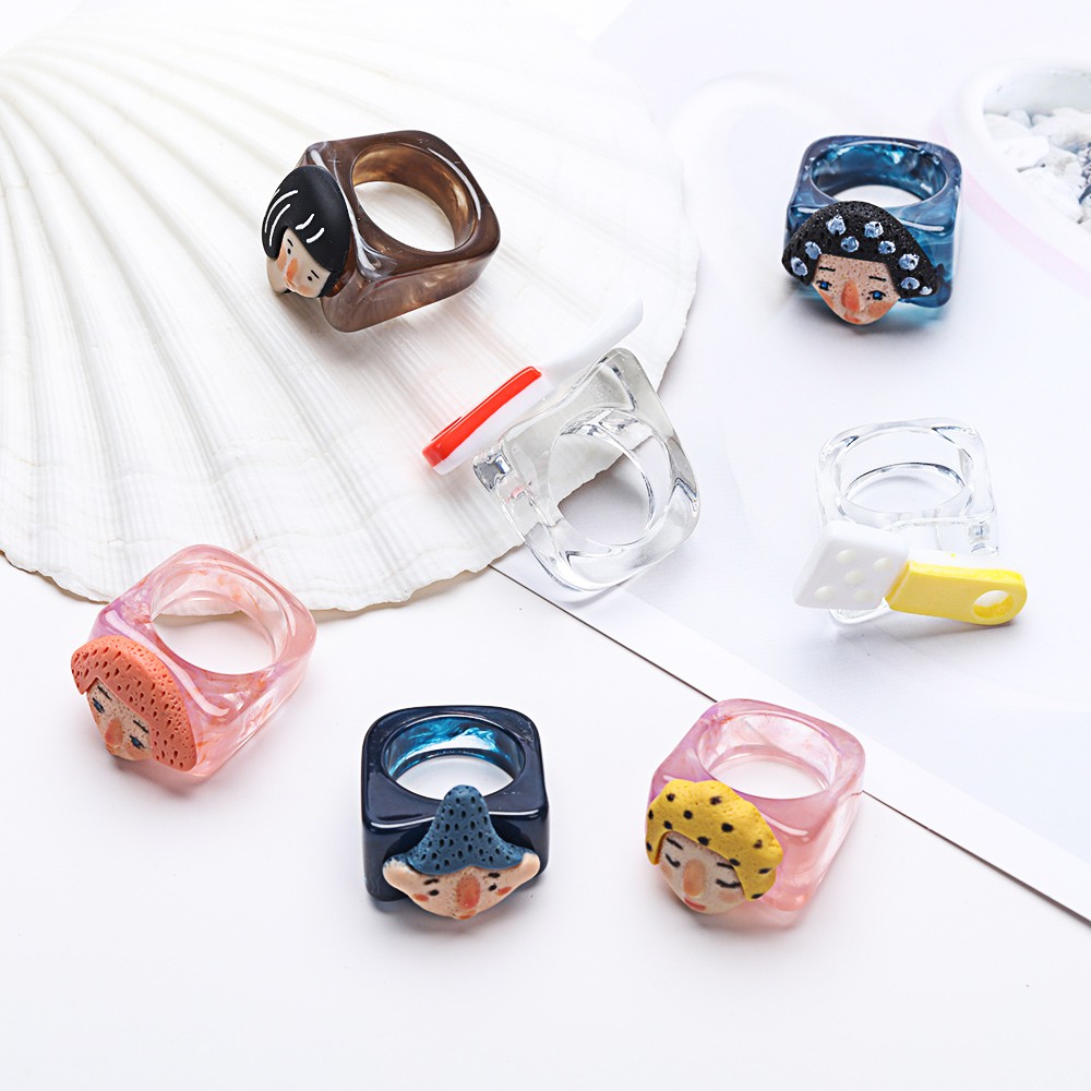 Nhẫn nhựa acrylic trong suốt nhiều màu hình vuông dễ thương dành cho nữ