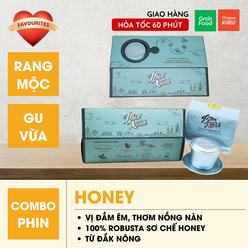 Combo Cà Phê Robusta Honey Pha Phin Cafe Rang Xay Nguyên Chất Rang Mộc Gói Cao Cấp 250gram và Phin Nhôm Cafe Phin Xanh