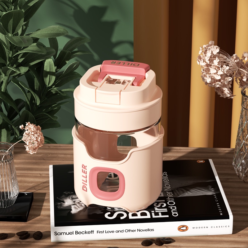 Bình nước du lịch Diller MLH541 bằng thủy tinh miệng rộng 2 cách uống kèm nắp không BPA an toàn trong lò vi sóng 360ml