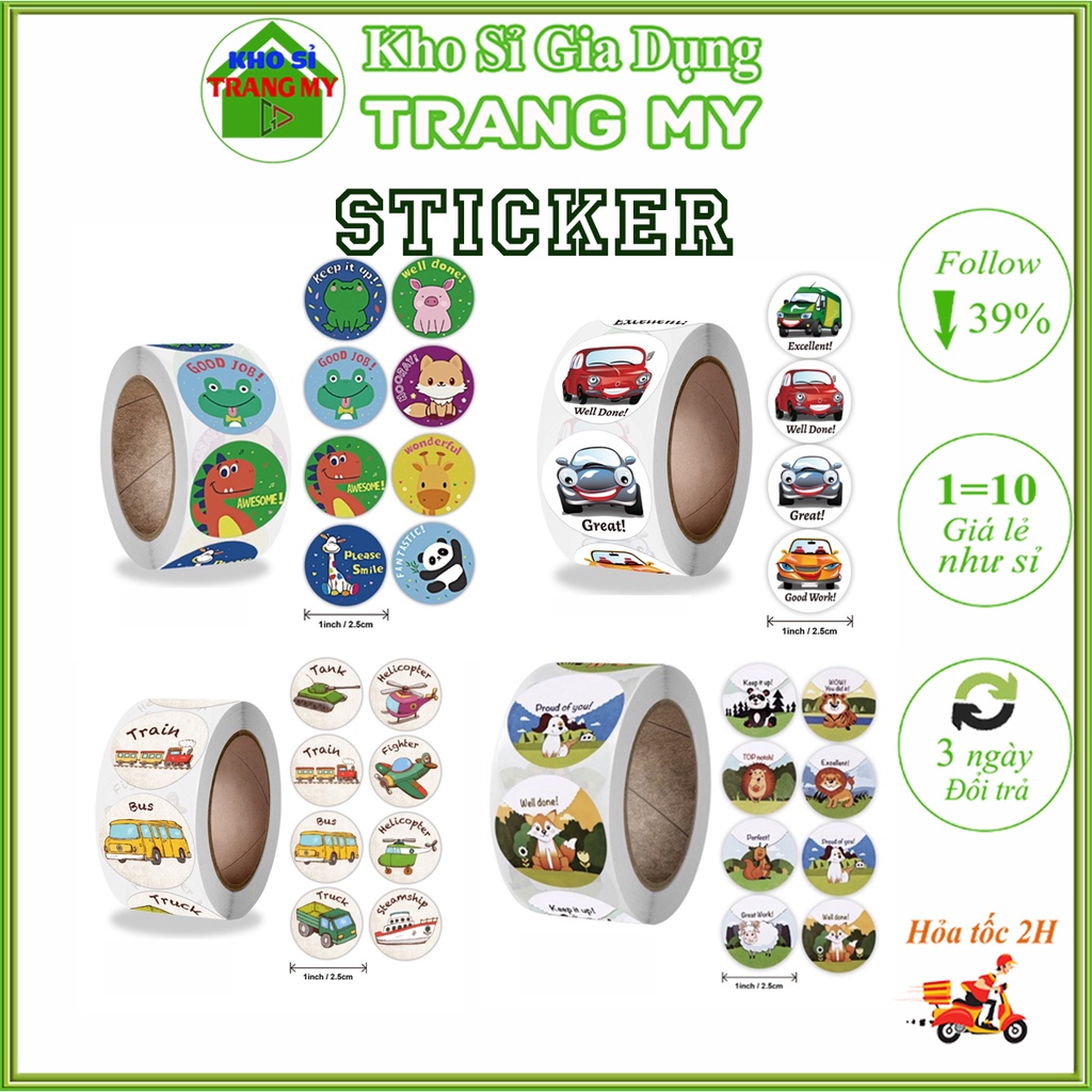 Cuộn 500 sticker nhãn dán khích lệ khen thưởng học tập cho bé yêu với nhiều họa tiết kèm slogan