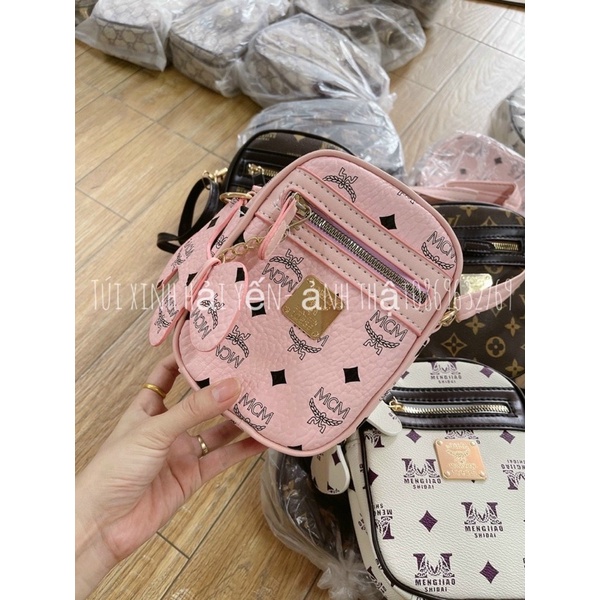 Túi xách nữ, Túi  MCm-Lv đeo chéo in họa tiết tặng kèm móc treo cún( ảnh thật để bàn)