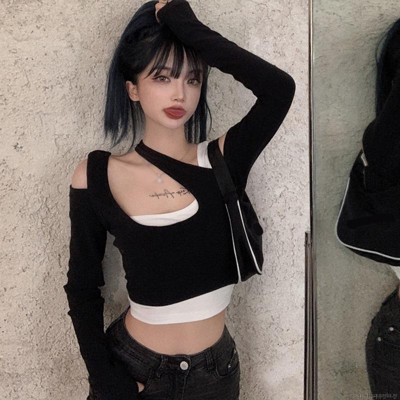 Women Fashion Design T-Shirts Fake Two-piece Sexy Long-sleeved T-shirt Tops