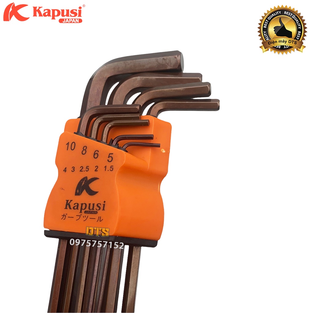 Bộ lục giác đầu bi thép nâu S2 dài Nhật Kapusi JAPAN 9 chi tiết 1.5-10mm tay chữ L tối ưu, bộ khóa lục giác chìm đa năng