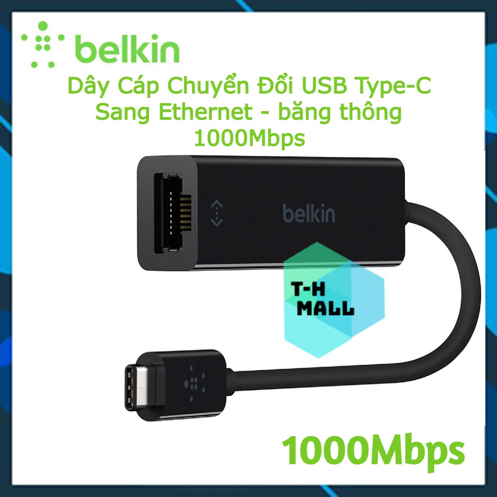 Dây Cáp Chuyển Đổi USB Type-C Sang Gigabit Ethernet Belkin F2CU040BTBLK 15cm (Đen) - Hàng Chính Hãng