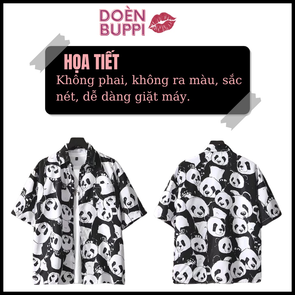 Áo sơ mi ngắn tay unisex nam nữ, cổ đứng, vải lụa lạnh nhập khẩu thoáng mát, TRẮNG HÌNH GẤU TRÚC - DOÈNBUPPI Shirt