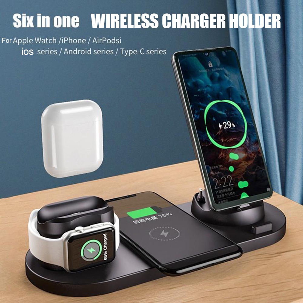 Đế sạc không dây 6 trong 1 Điện thoại USB loại C Tai nghe đeo tai Đồng hồ Trạm sạc 10W Qi Fast Charger Pads