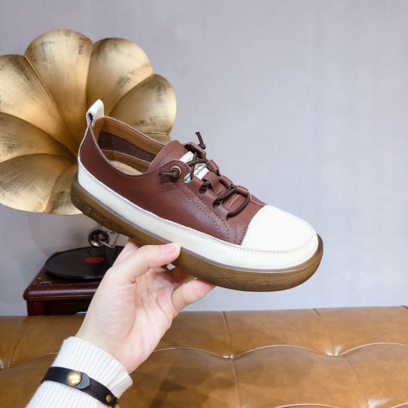 t Giày Thể Thao Nữ Nâu Giày Da Thật Dây Lười Mềm Êm Fullbox Cao Cấp