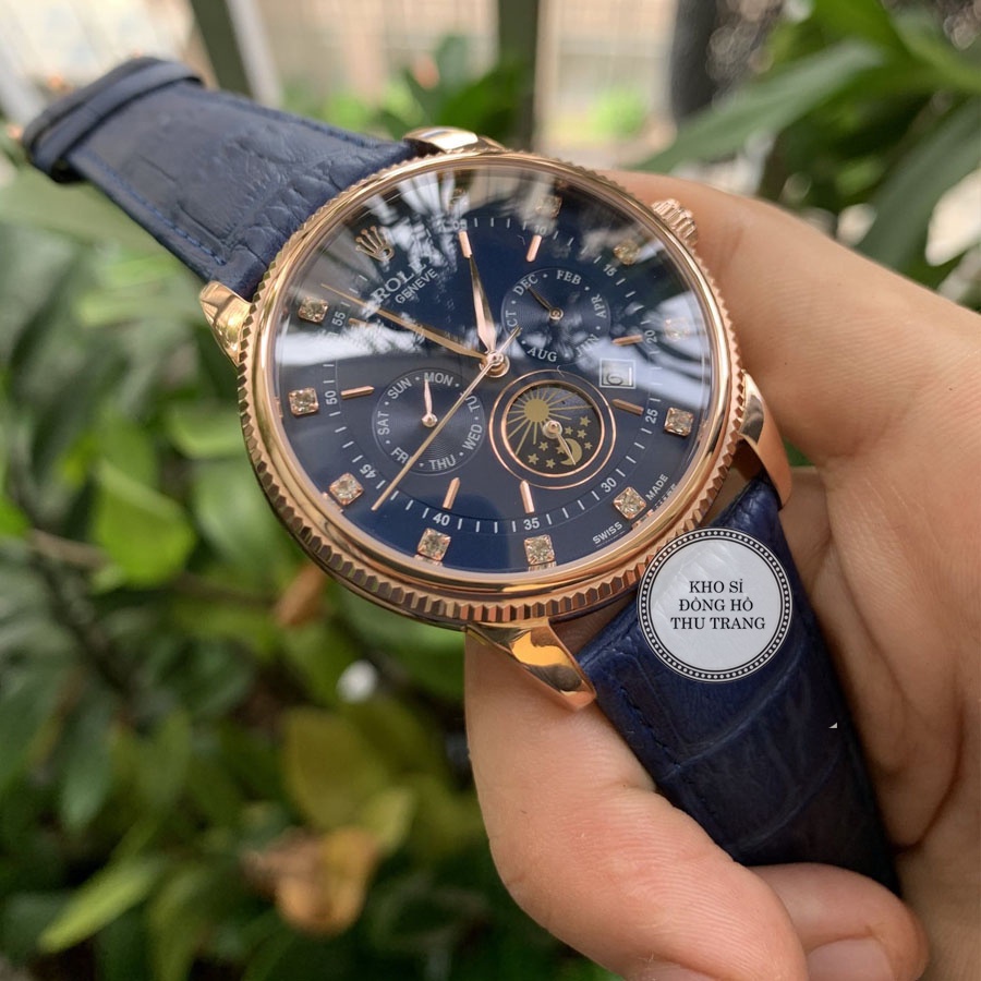 Đồng hồ Nam Rolex máy nhật, mẫu 6kim đính đá, mặt xanh viền vàng, dây da, dòng cơ Automatic size 40mm-41mm | BigBuy360 - bigbuy360.vn