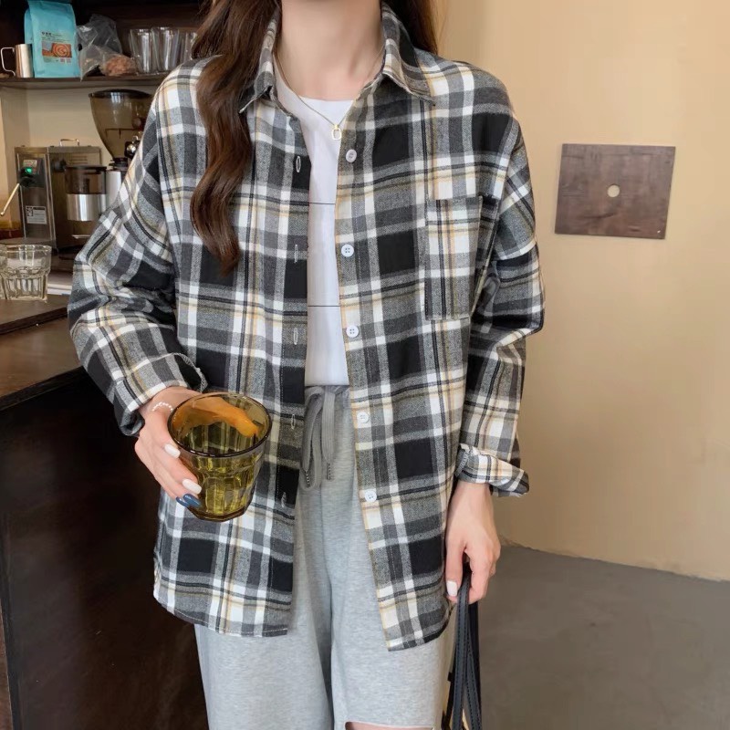 Áo sơ mi nữ form rộng kẻ sọc caro đẹp tay dài hàng Quảng Châu ANDOSA SM14