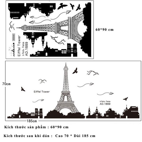 Decal dán tường - Giấy dán tường - Eiffel tower - scenedecal - KK049