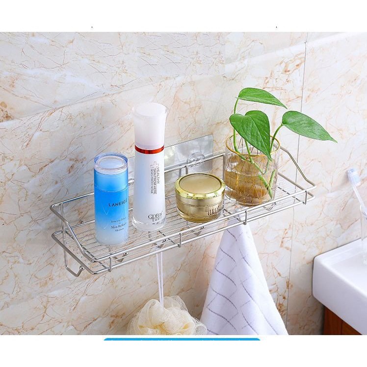 Kệ đựng mỹ phẩm treo tường, Kệ hình chữ nhật góc Inox 304 dán tường nhà tắm kèm Móc treo khăn (MP04)