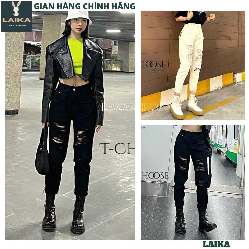 Quần jean nữ lưng cao rách nhiều 2 mầu đen trắng kiểu dáng hàn quốc trẻ chung năng động -LAIKA