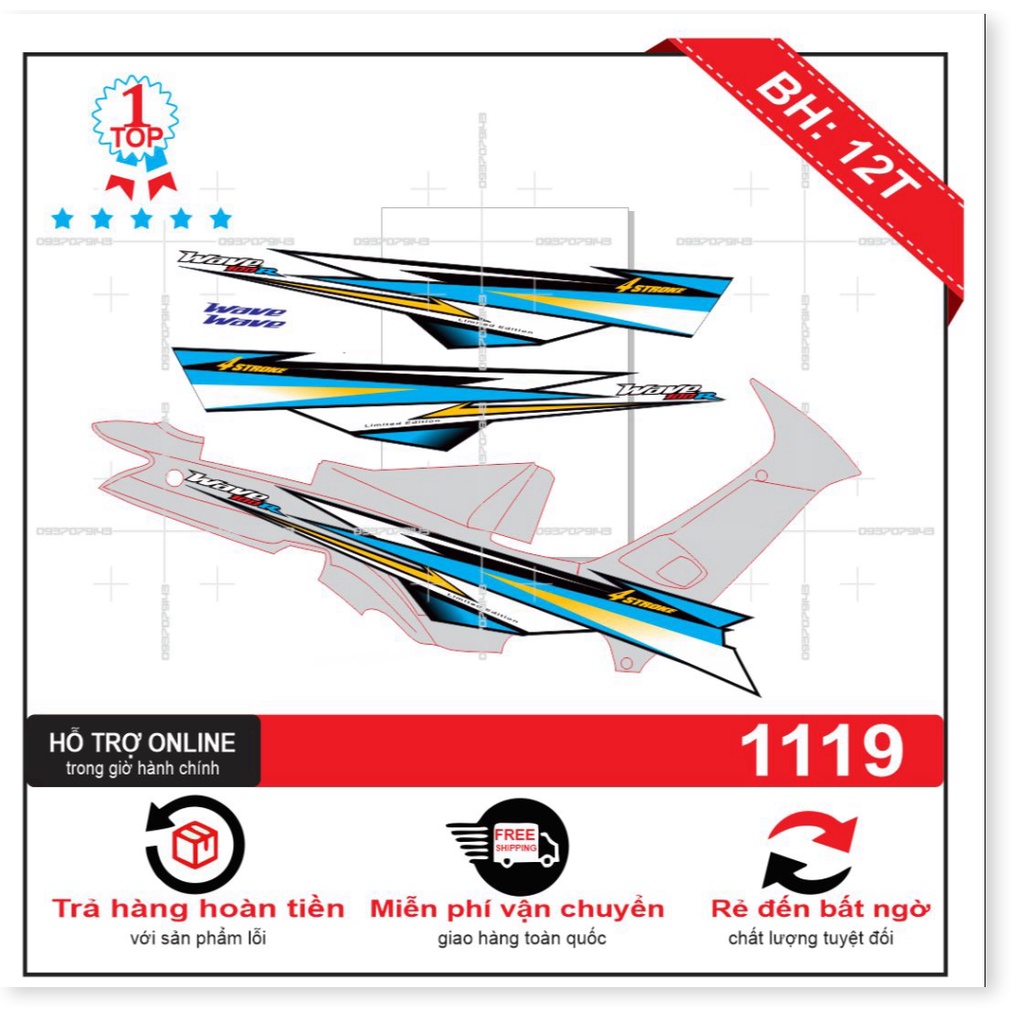 FREE SHIP + SALE SỐC +DECAL PVC 5 LỚP CHẤT LƯỢNG CAO Tem rời wave nhỏ đời đầu 100 R dán xe bạc
