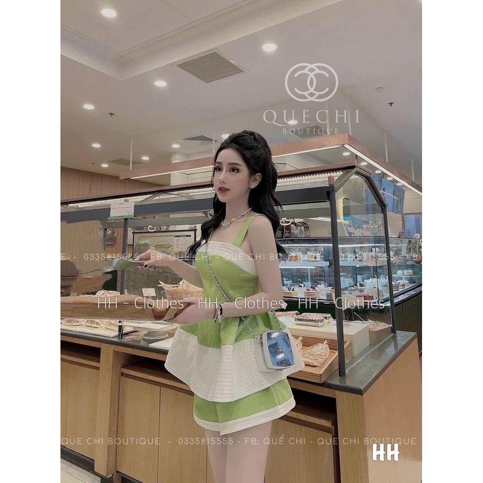 Sét bộ 2 dây áo dáng xòe xếp ly phối quần đùi ống rộng xinh xắn đi chơi