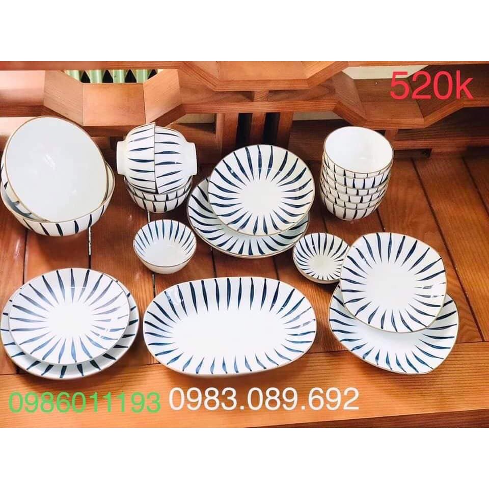 Bộ Bát Đĩa Sứ Kẻ[BÁT TRÀNG][CAO CẤP]mẫu hot 2021,3 SET 11,14,21 món,viền vàng sang trọng,dùng được lò vi song và máy rửa