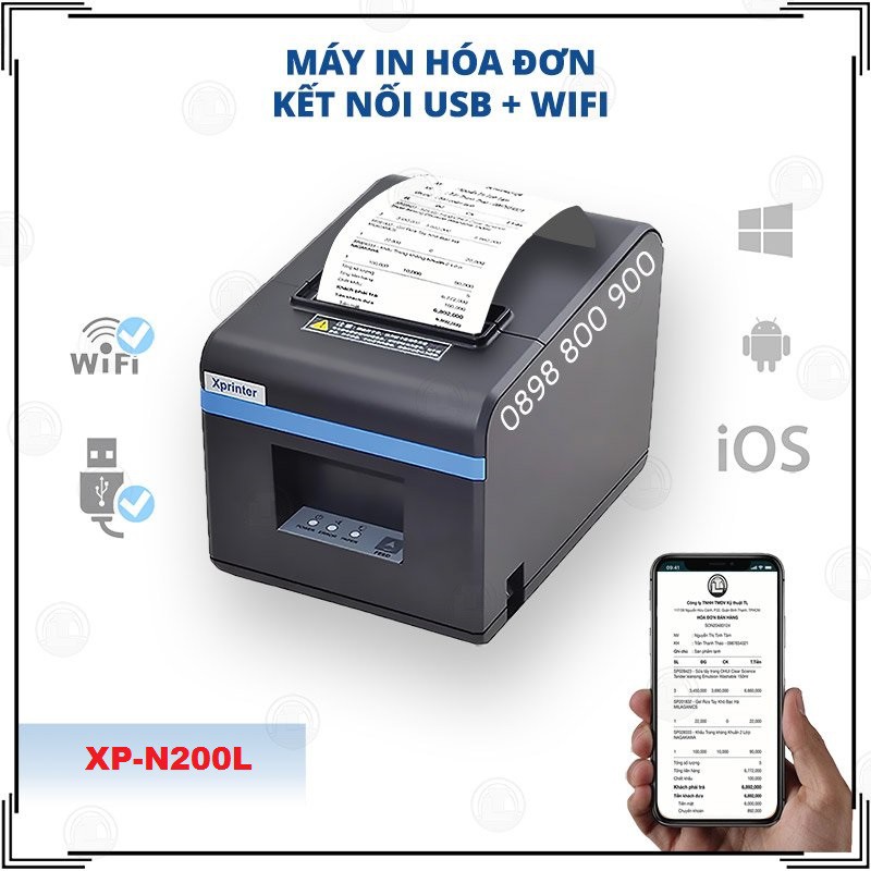 Máy in hoá đơn Wifi K80 Xprinter XP-N200L in bill Không Dây từ điện thoại máy tính PC sử dụng giấy in nhiệt K80 80mm