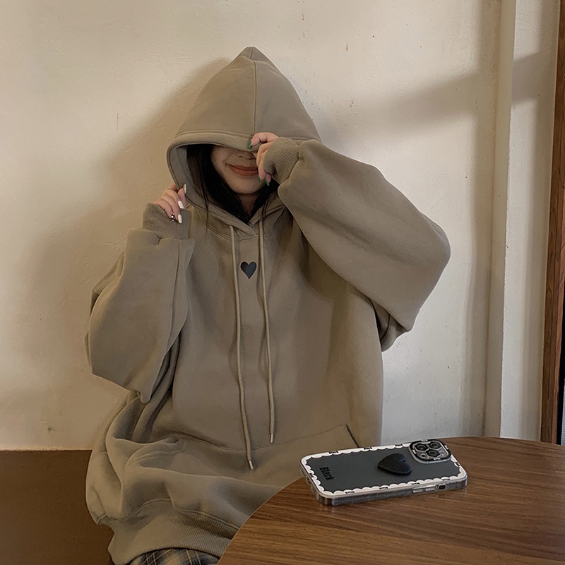 Áo hoodie tay dài dáng rộng màu nâu kaki in họa tiết trái tim thời trang mùa thu 2022 mới
