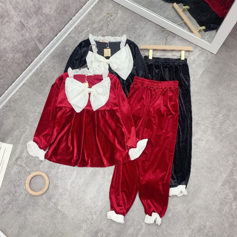 Bộ ngủ nhung phối nơ tay bèo | BigBuy360 - bigbuy360.vn