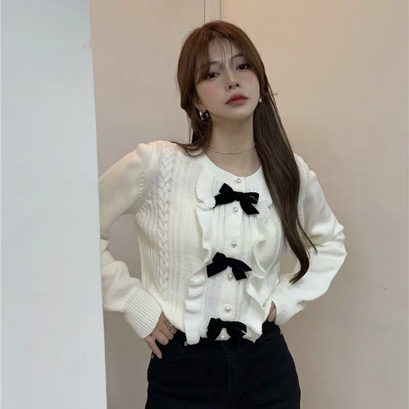 Ròm [Order] ÁO LEN CARDIGAN PHỐI BÈO NƠ ĐEN SIÊU XINH