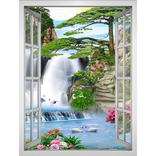 Tranh dán tường VTC cửa sổ Cảnh đẹp thác nước VT0400 kim sa