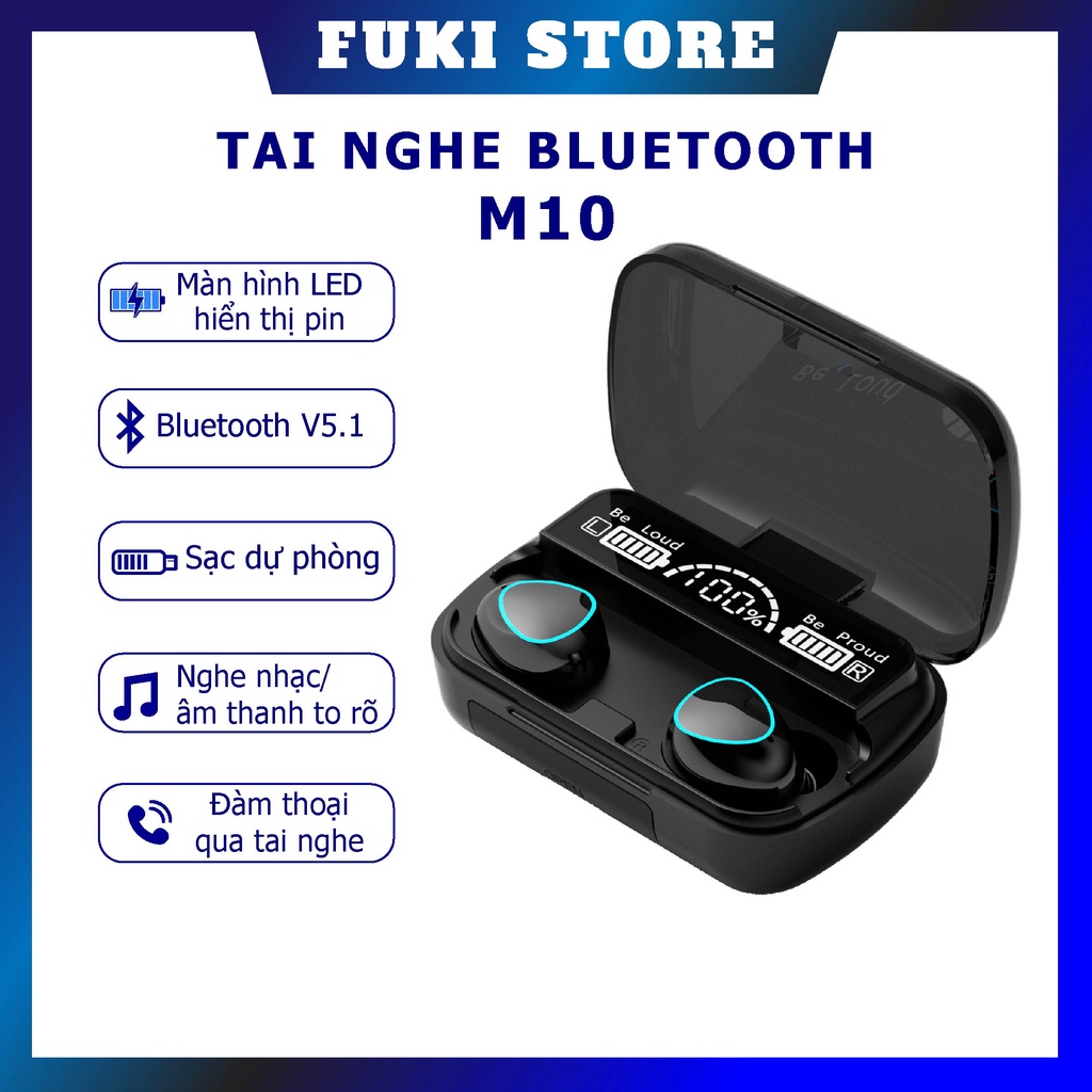 Tai Nghe Bluetooth Không Dây M10 V5.1 I Cảm Ứng Chạm I Chống Nước I Âm Thanh HIFI I MIC Đàm Thoại I Màn Hình LED