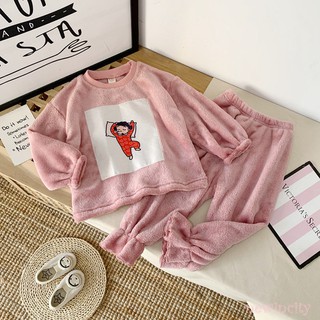 Bộ pijama vải dạ cotton mềm mại gồm áo và quần dài in họa tiết hoạt hình xinh xắn cho bé gái