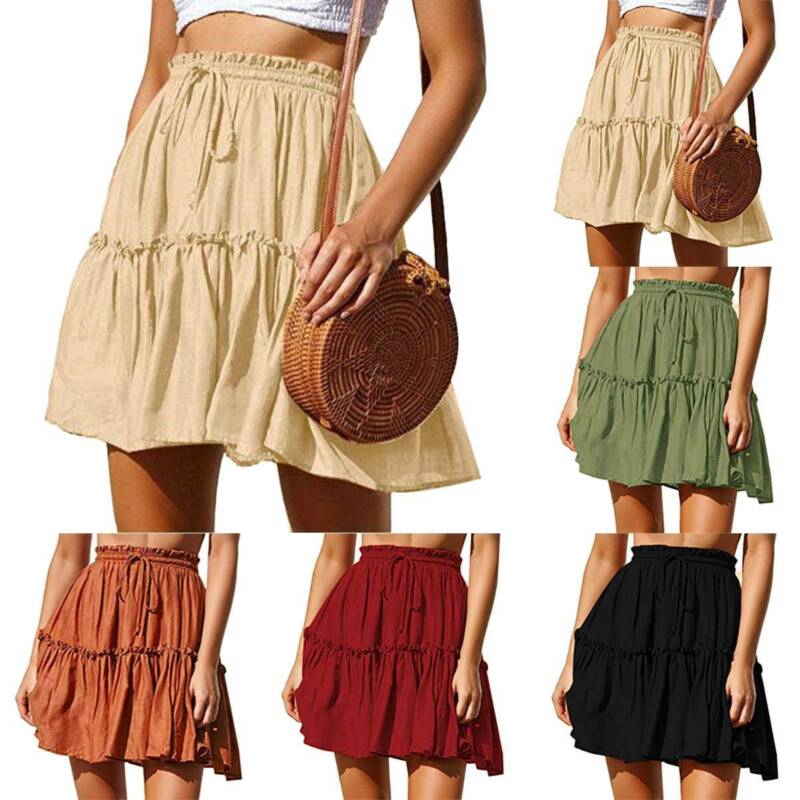 Pleated Mini Skirt Women High Waist Elastic Ruffle Summer Beach Boho
