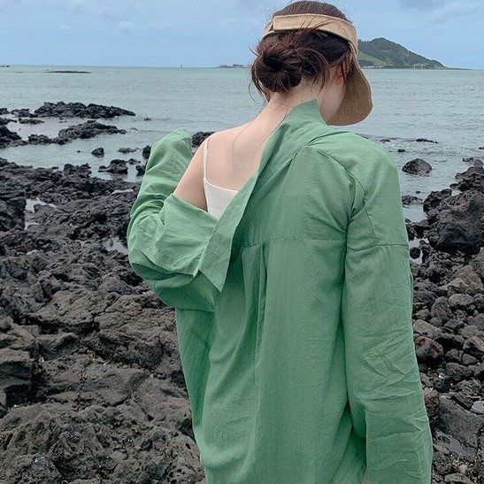 Trang phục peppermint 44982 áo sơ mi tay dài dáng rộng màu xanh lá cột dây/ đầm dài phong cách mới