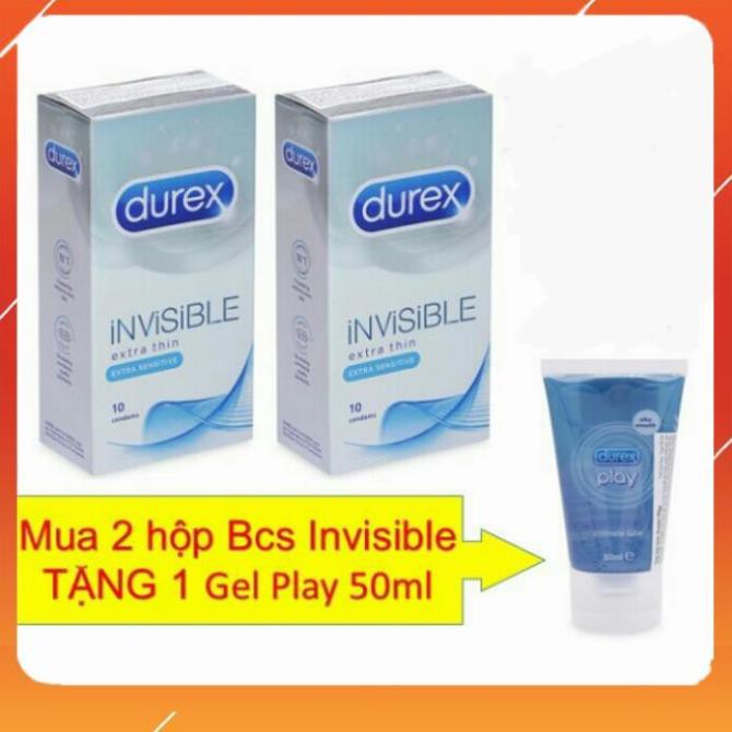 [COMBO 2 Hộp] Bao cao su Durex Invisible - BCS SIÊU MỎNG CẢM GIÁC THẬT + TẶNG 1 Gel Play 50 ml - 2 hộp 20 cái