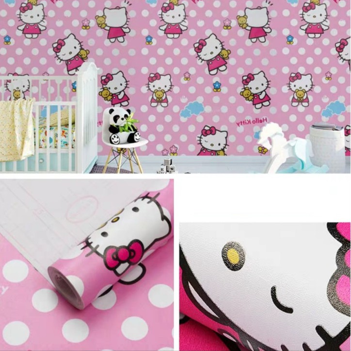 Cuộn 10m decal giấy dán tường kitty chấm bi khổ 45cm keo sẵn
