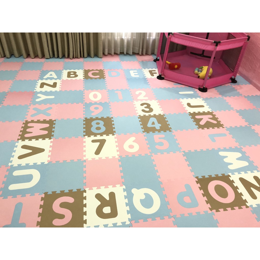 THẢM XỐP CHO BÉ- KHÔNG MÙI-COMBO : 36 miếng Thảm cái pastel Hồng và chữ số pastel Hồng (1,8mx1,8m) SMILE PUZZLE