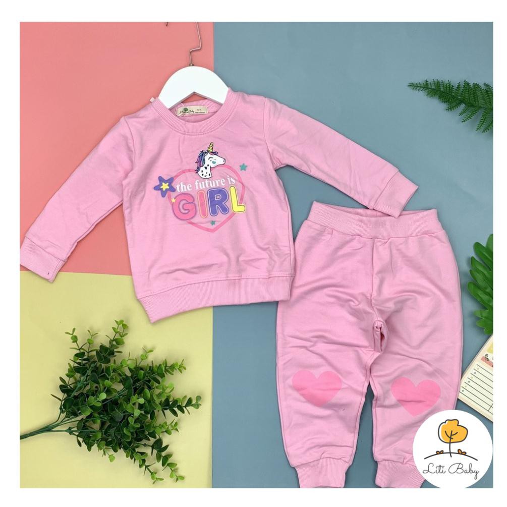 Bộ nỉ da cá bé gái hình Pony Girl size 1-8T (cho bạn 10-25kg). Chất nỉ da cá đanh chất, đẹp bền