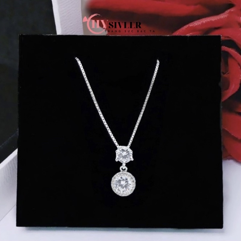 Dây chuyền bạc dây mì mặt đá tròn nữ tính dây chuyền nữ bạc thật nạm đá