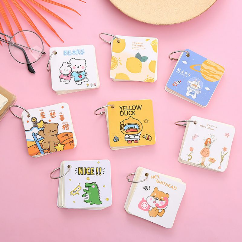 Flashcard thẻ học từ vựng tiếng anh nhật hàn trung, flashcard ghi chú học ngoại ngữ hình vuông cute 