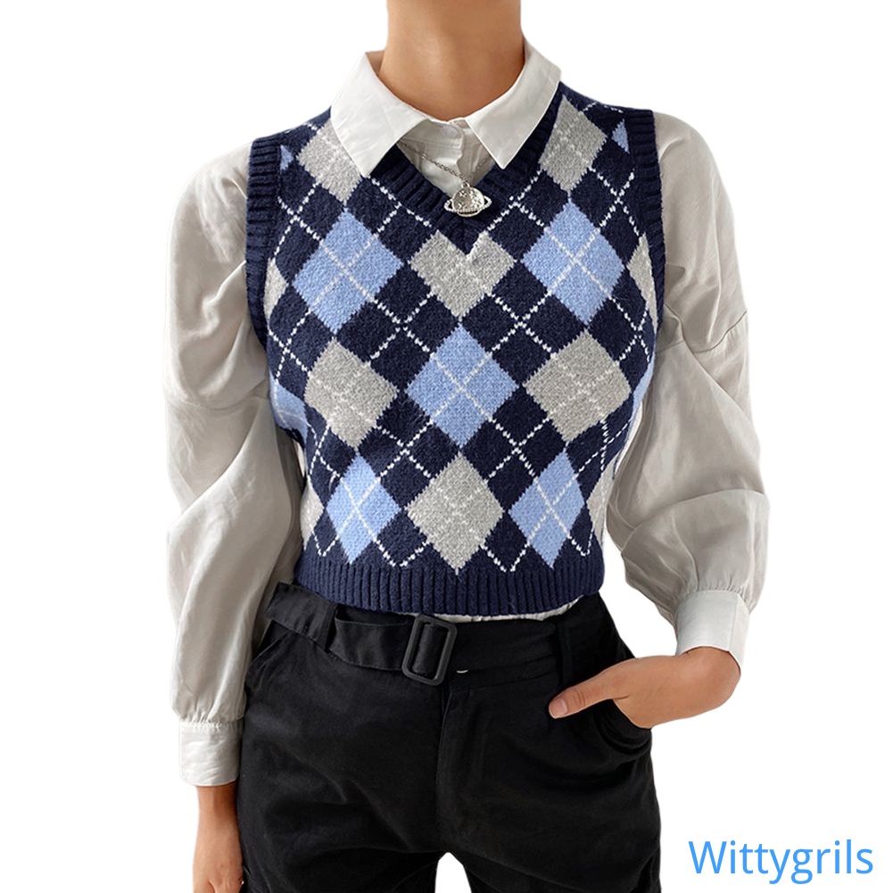 Wittygirls_shop | Women Sexy Knitted Vest, Sleeveless V-neck Plaid Short Waistcoat, Off Shoulder Vintage Tank Top