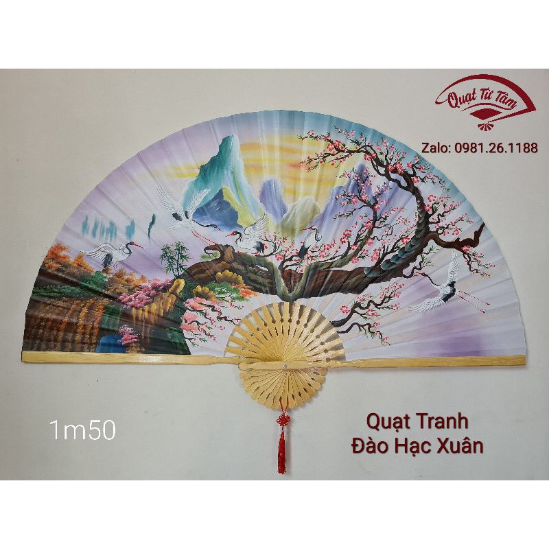 QUẠT TRANH ĐÀO HẠC XUÂN - QUẠT TRANH LỤA TREO TƯỜNG 1m50