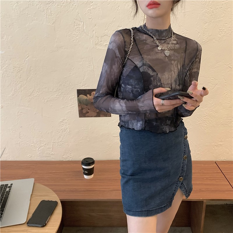 Cocory vn Áo Thun Tay Dài Xuyên Thấu Họa Tiết Màu Nhuộm Gợi Cảm Thời Trang Cho Nữ