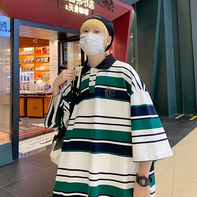Áo Thun POLO Ngắn Tay Form Rộng Họa Tiết Kẻ Sọc Phong Cách Hiphop Đường Phố Hàn Quốc