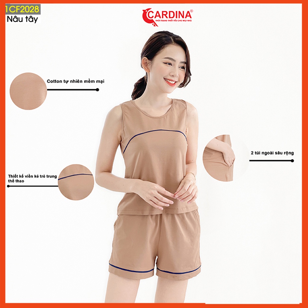 Đồ bộ nữ CARDINA chất cotton Nhật cao cấp quần đùi áo sát nách viền sọc tự tin ngày hè 1CF20.