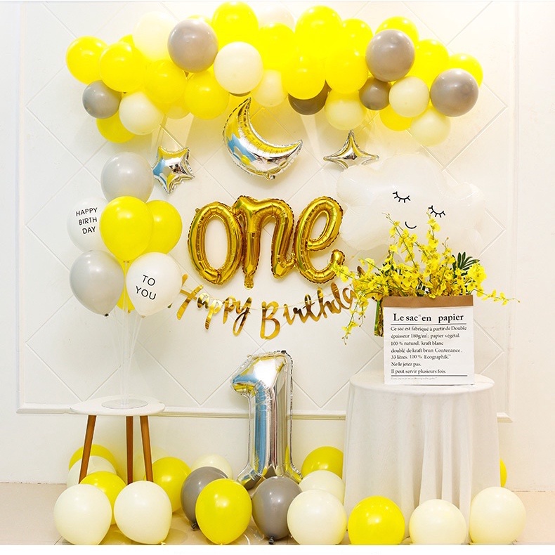 (NEW) Set  bóng trang trí sinh nhật , Set bóng tông màu vàng cho bé+ Tặng bơm  phụ kiện đi kèm set