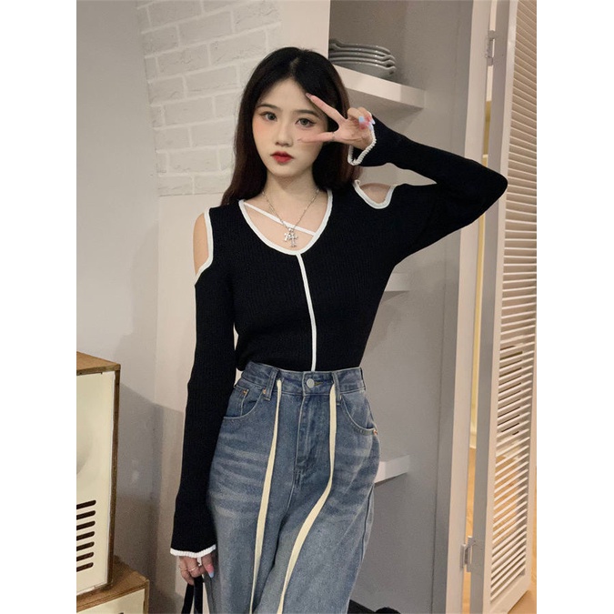 COZOK Áo Sweater Dệt Kim Tay Dài Cổ Chữ V Hở Vai Phong Cách Thời Trang Hàn Quốc