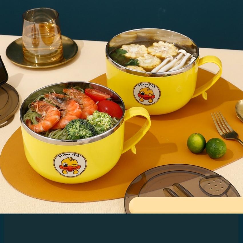 Bát ăn mì inox giữ nhiệt có nắp đậy 1 lít vịt vàng cute, Ca tô đựng cháo mì đa năng tiện lợi