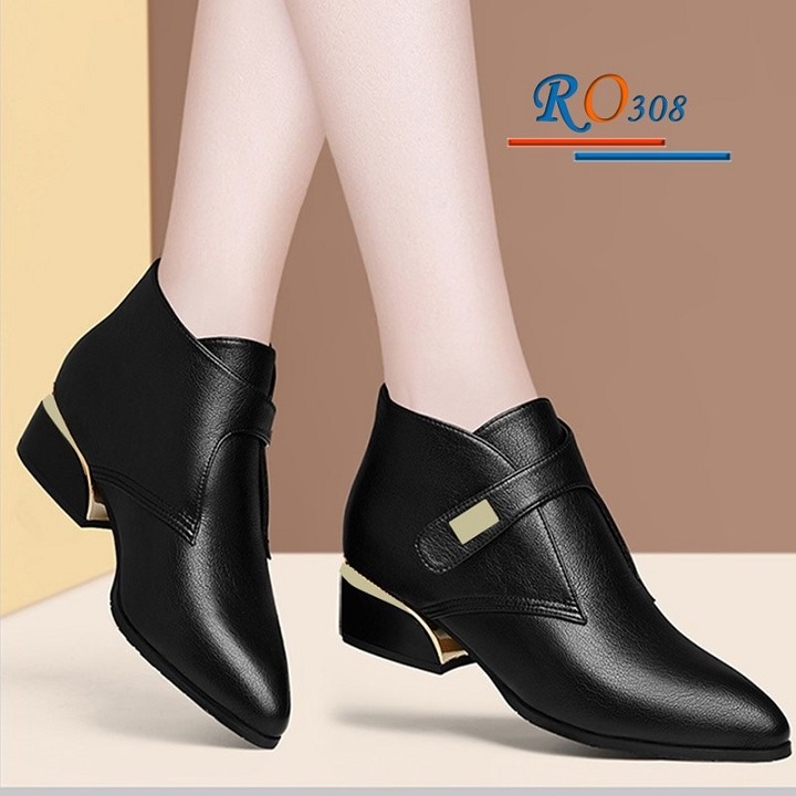 Giày boot nữ cổ thấp 4cm hàng hiệu rosata hai màu đen kem ro308