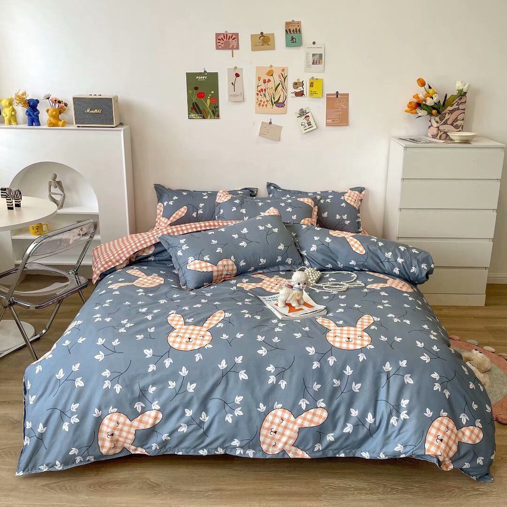 Trọn Bộ Ga giường 5 Món Chần Bông Cotton Thỏ Hồng Phối Kẻ ((m2x2m - m8x2m))