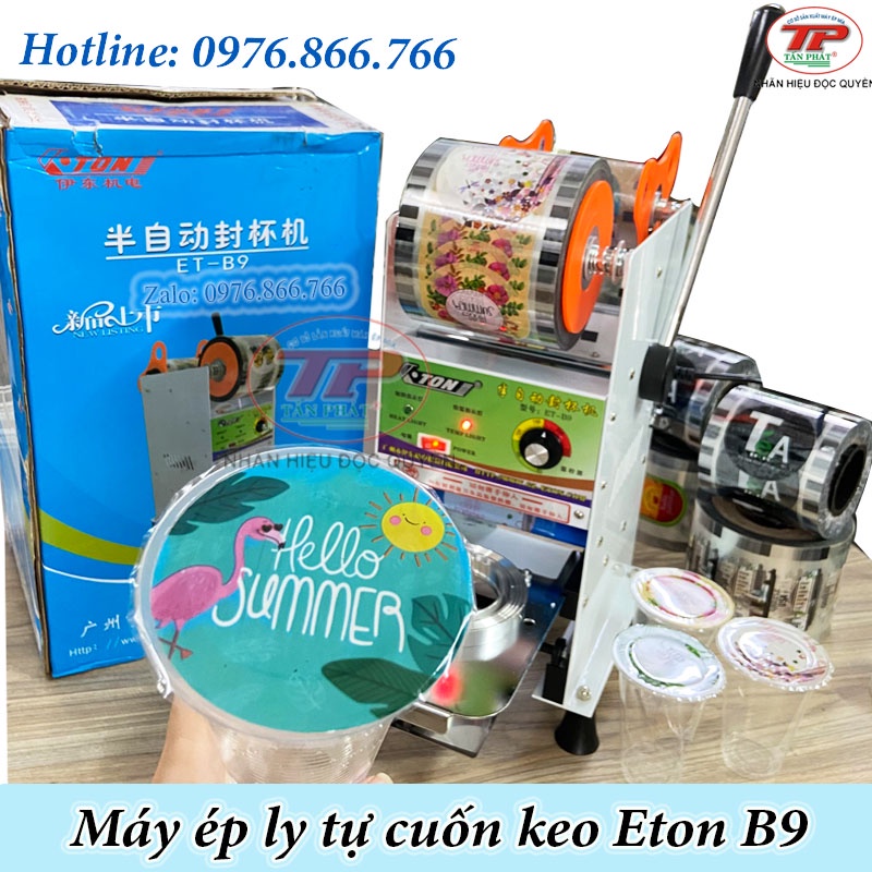 Máy ép miệng ly tự cuốn keo Eton B9, máy dập nắp cốc bán tự động ép ly 500-750ml