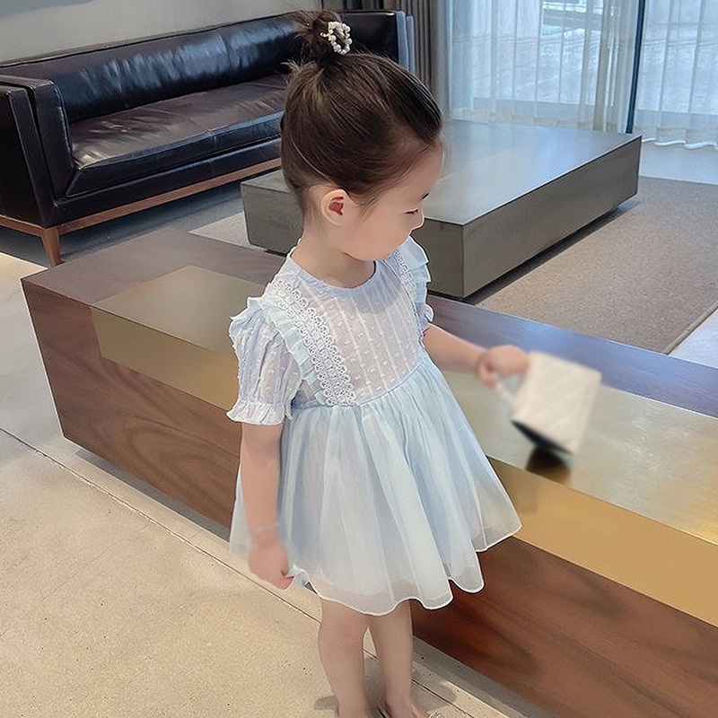 Đầm Xòe Tay Ngắn Phồng Cổ Tròn Màu Sắc Trơn Dành Cho Bé Gái