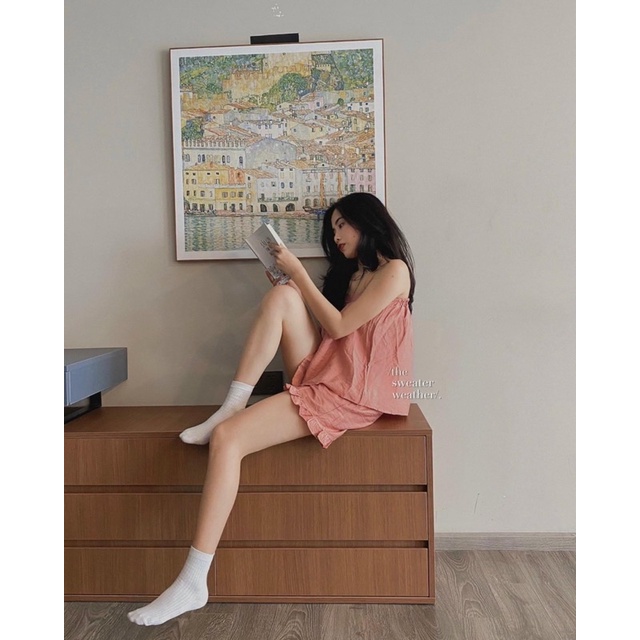 Set 2 Dây Trắng Đũi Bèo Chân Nữ Bộ Ngủ Quần Đũi Ống Rộng, áo thun Đũi mát mặc ở nhà bánh bèo Ulzzang