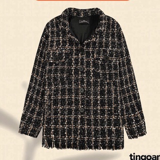 Áo khoác tweed rộng cổ bẻ đen tingoan SUPER MODEL JACKET/BY
